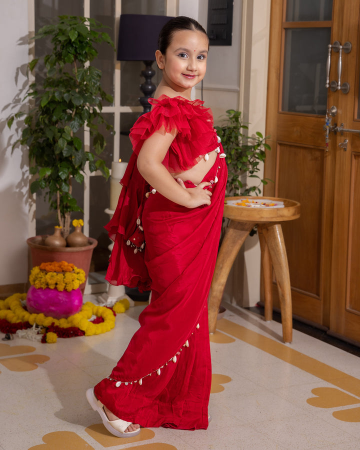 Roop Red Solid Crepe Pre Draped Saree