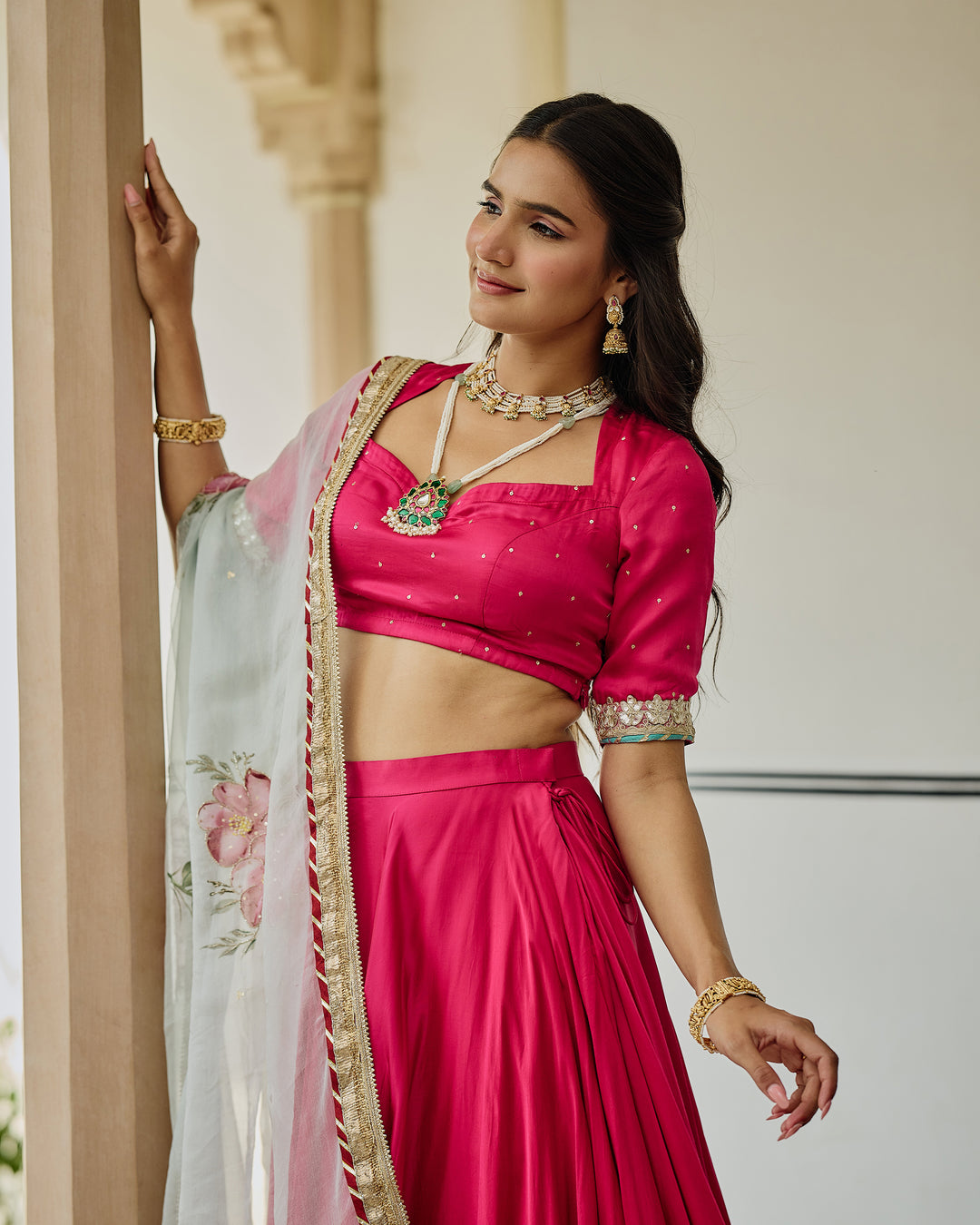 Kalvani Pink Handpainted Satin Lehenga Set