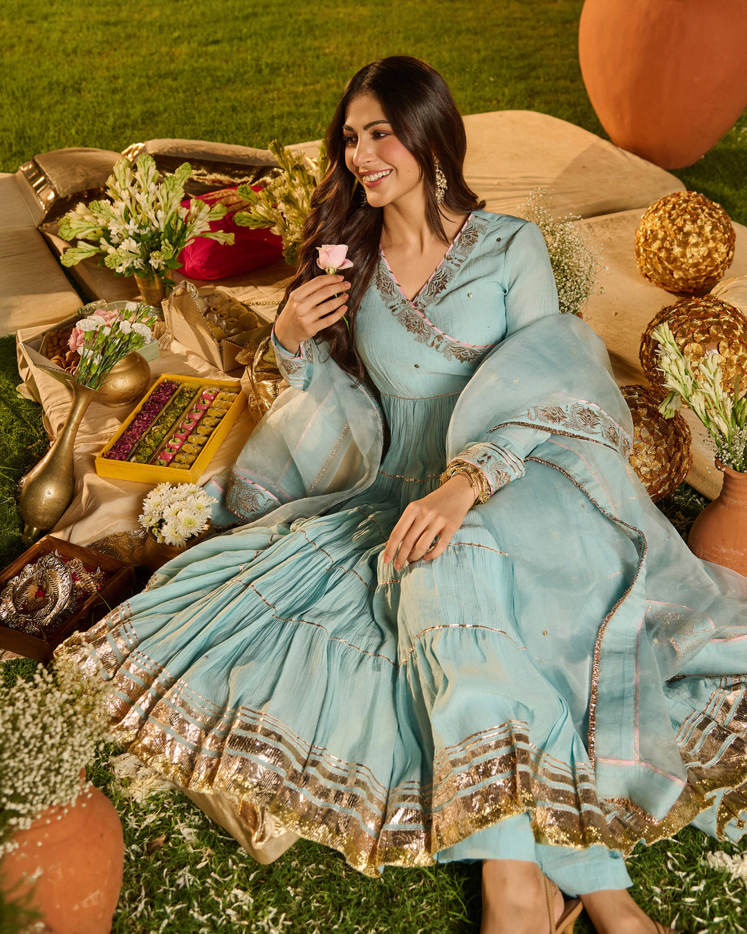 Dipti Sky Blue Embroidered Crush Suit Set
