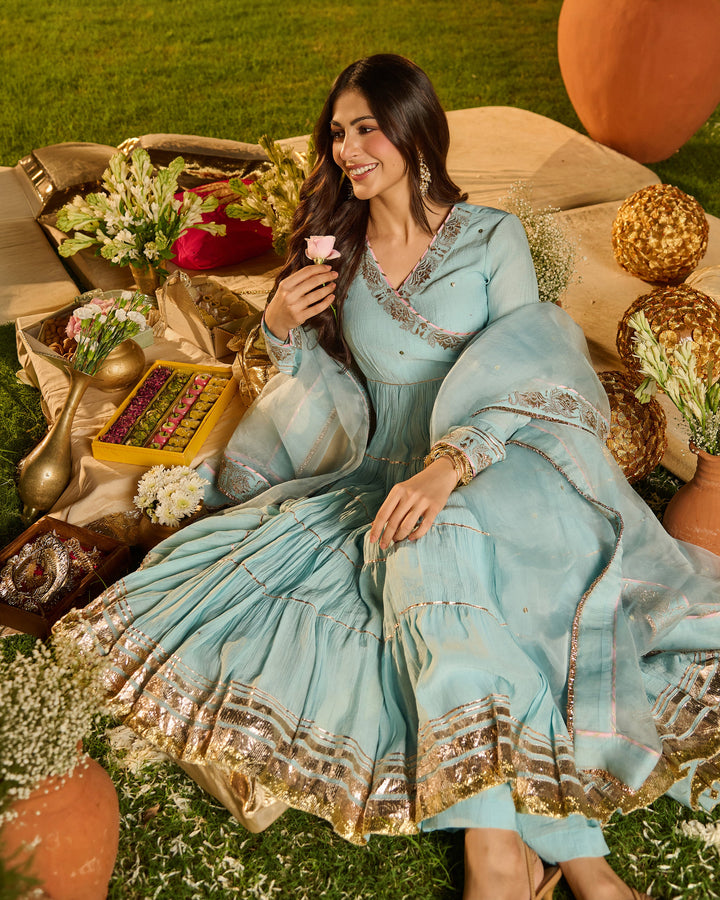 Dipti Sky Blue Embroidered Crush Suit Set