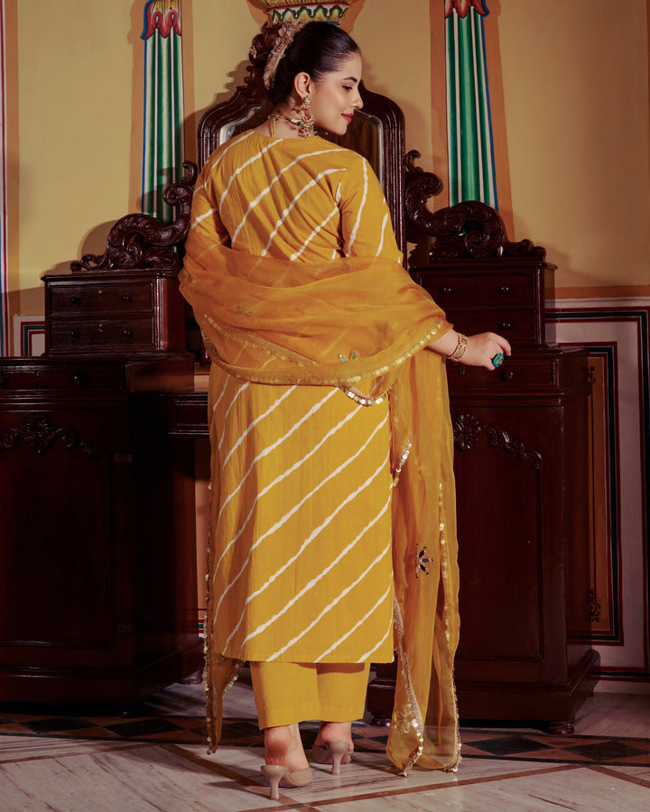 Rishi Yellow Leheriya Cotton Suit Set