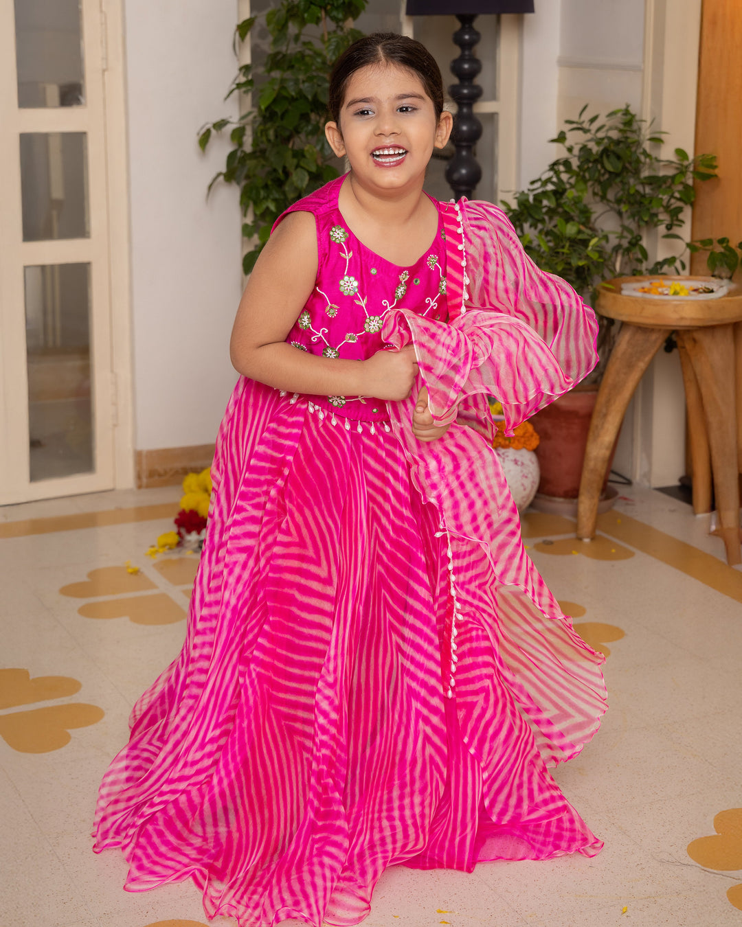 Mishti Pink Leheriya Organza Lehenga Set