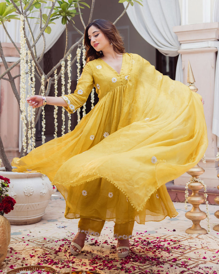 Golden Daisy Mustard Embroidered Doria Suit Set