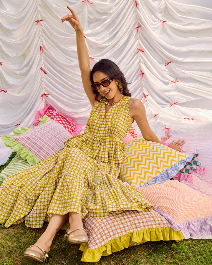 Emer Olive Cotton Checks Printed Dress