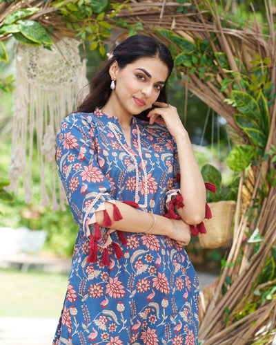 Kayra Blue Printed Cotton Kurta Set