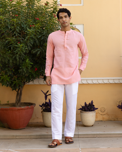 Aghora Peach Solid Linen Kurta