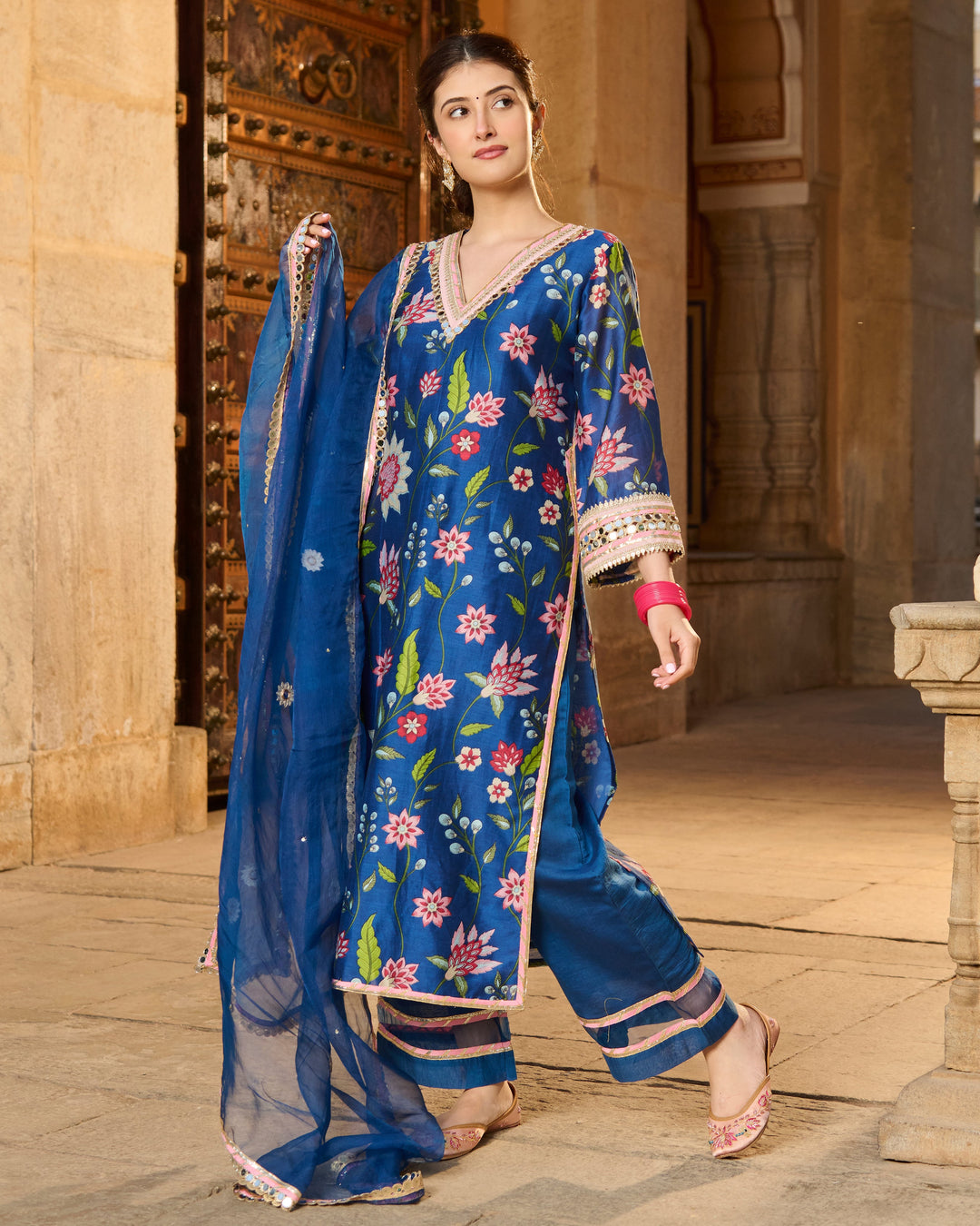 Beat Blue Printed Chanderi Suit Set