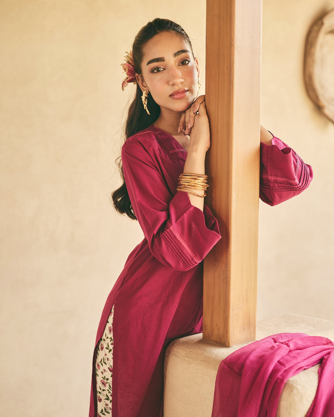 Gena Purple Cotton Printed Suit Set