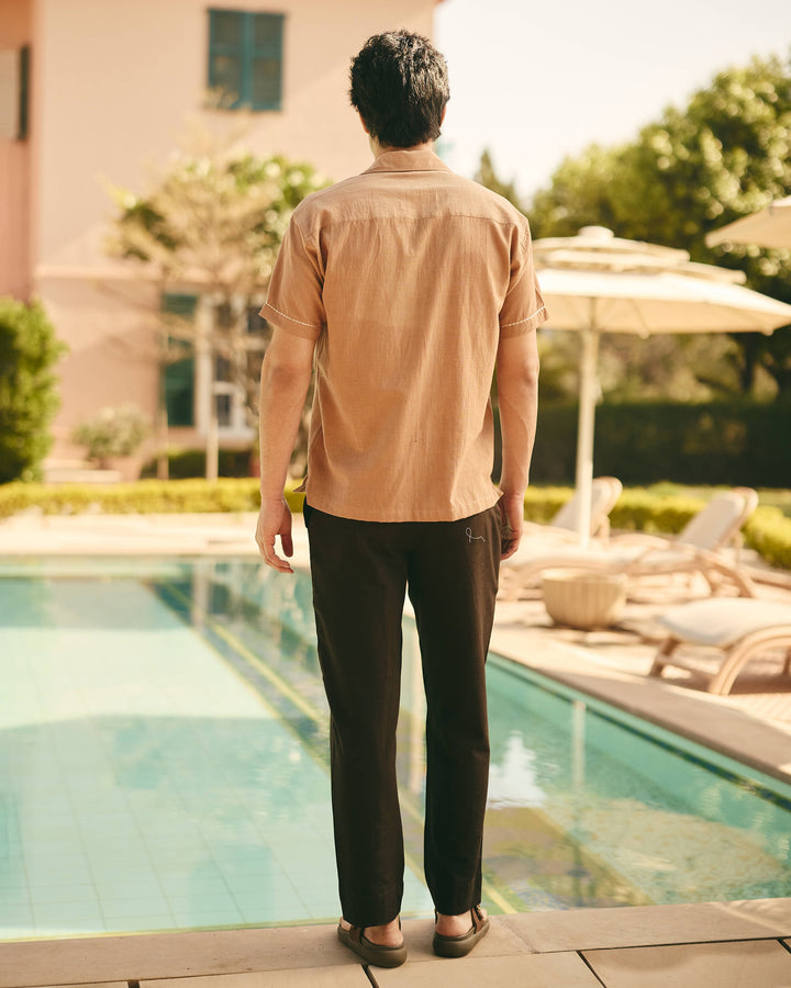 Kimo Brown Cotton Flex Embroidered Shirt