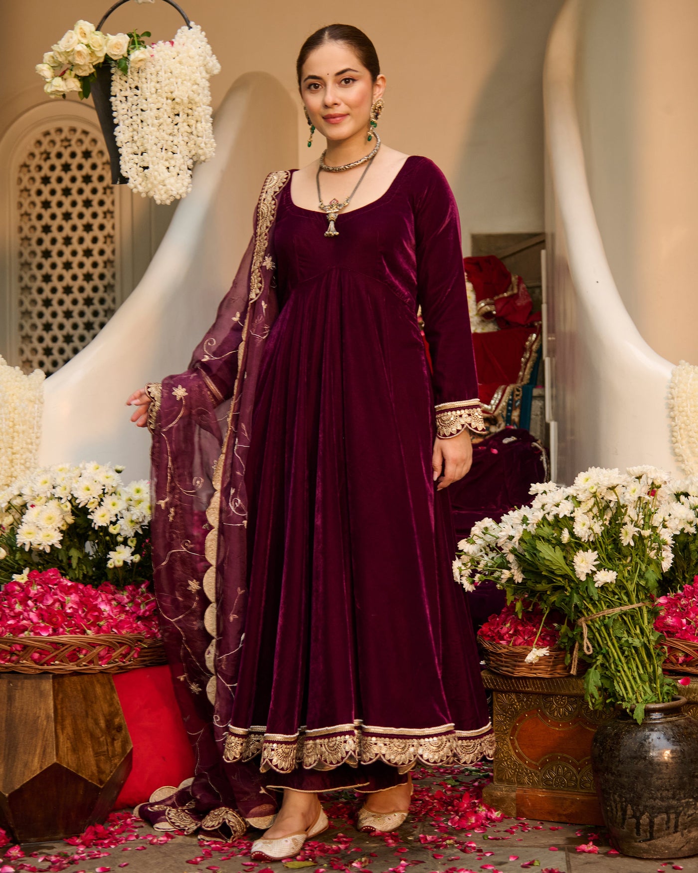 Mahika Purple Solid Velvet Suit Set