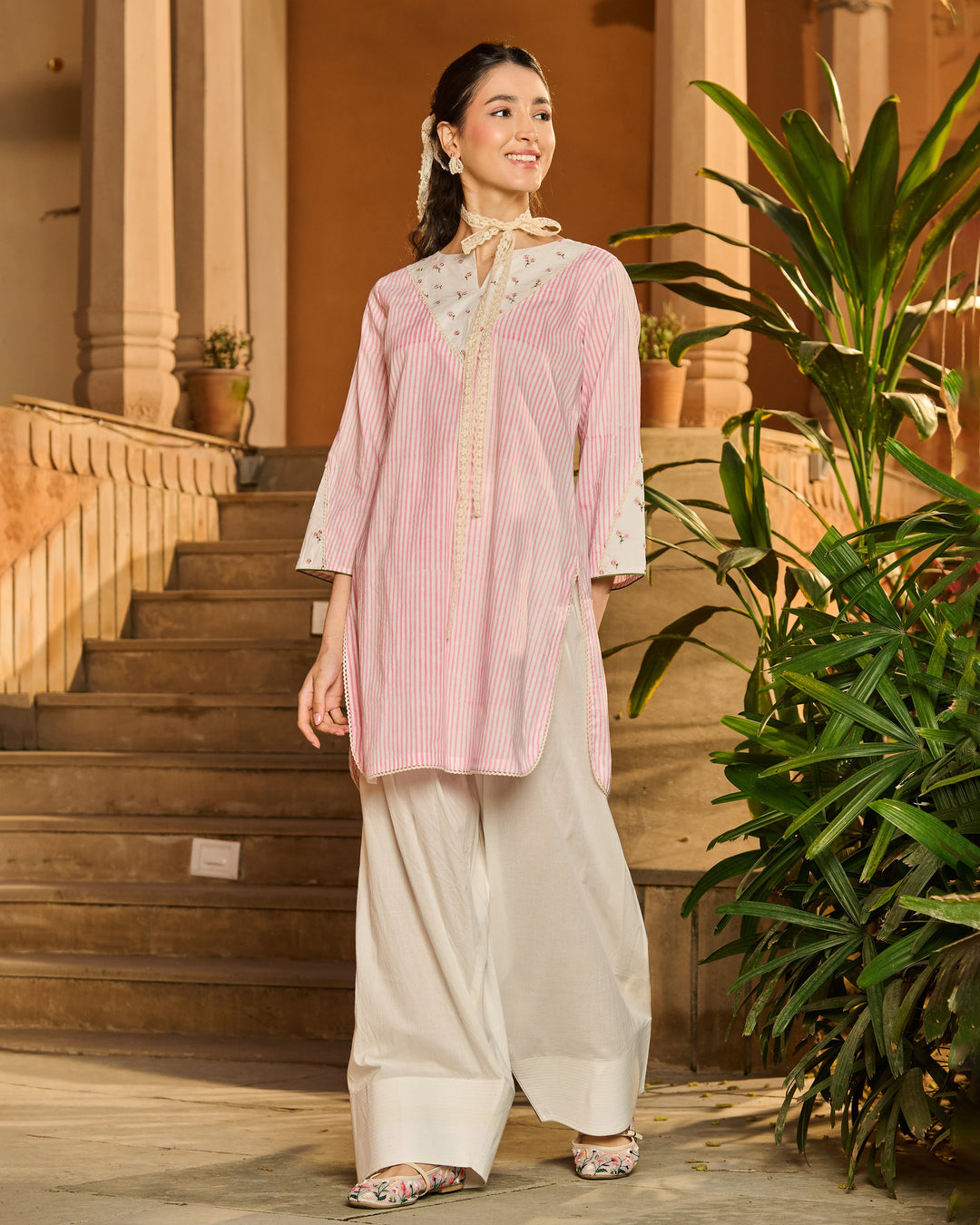 Sabine Pink Printed Cotton Stripes Kurta Set
