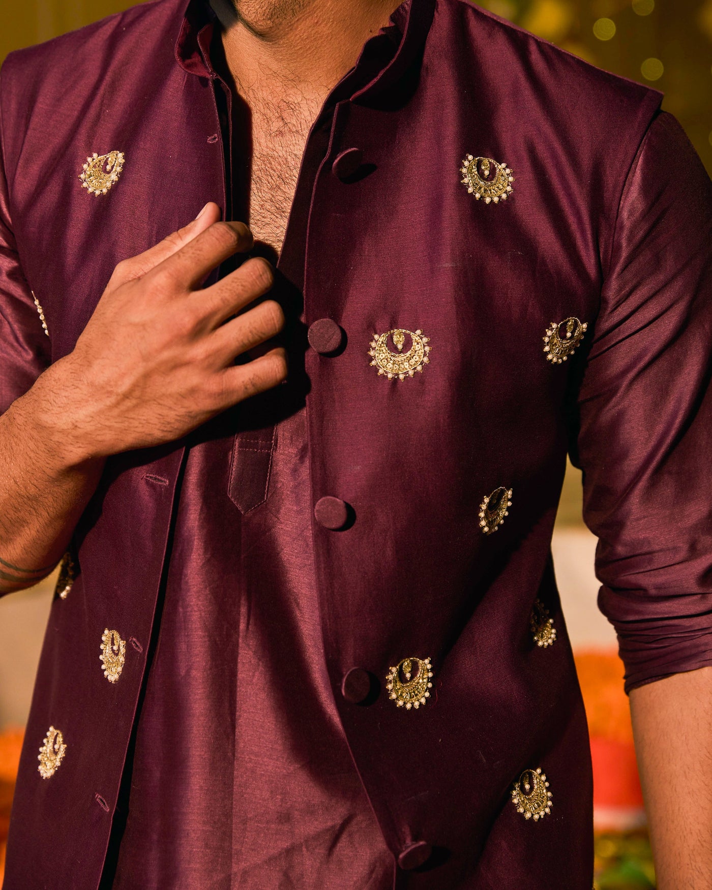 Parakram Plum Embroidered Chanderi Jacket And Kurta Set