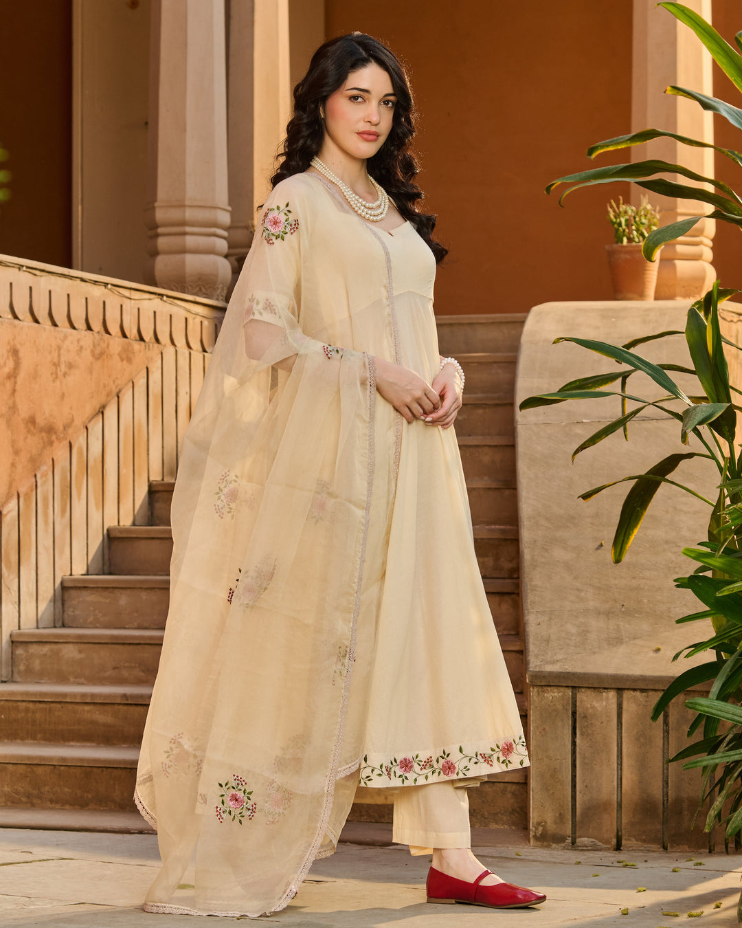 Nazra Cream Embroidered Cotton Suit Set