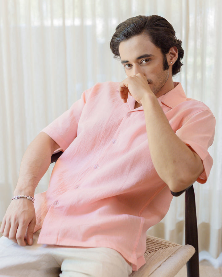Zevic Almond Peach Cotton Flex Solid Shirt