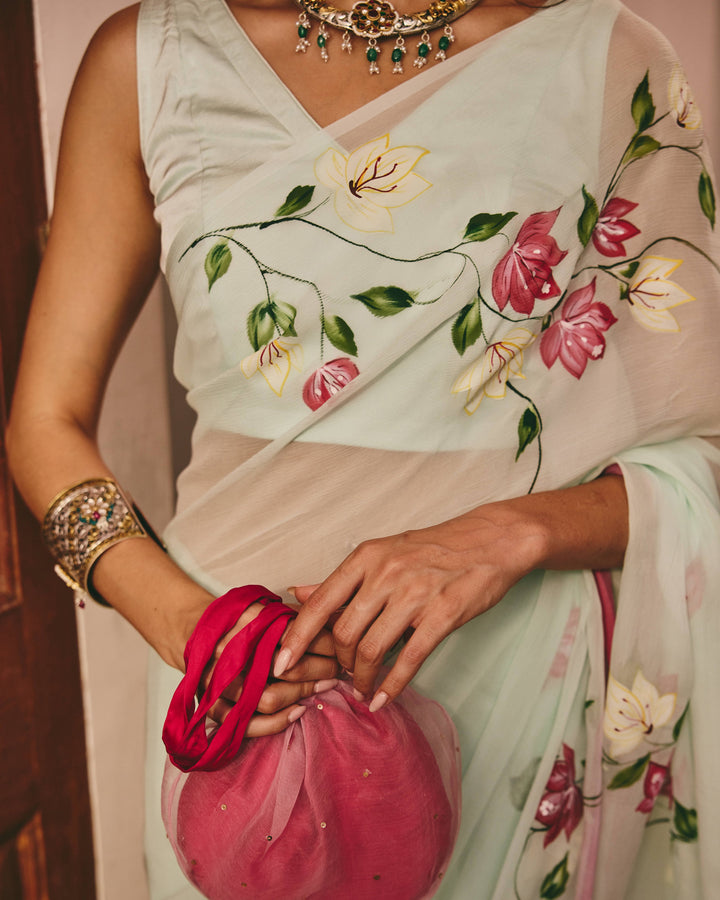 Glabra Sea Green Handpainted Chiffon Saree