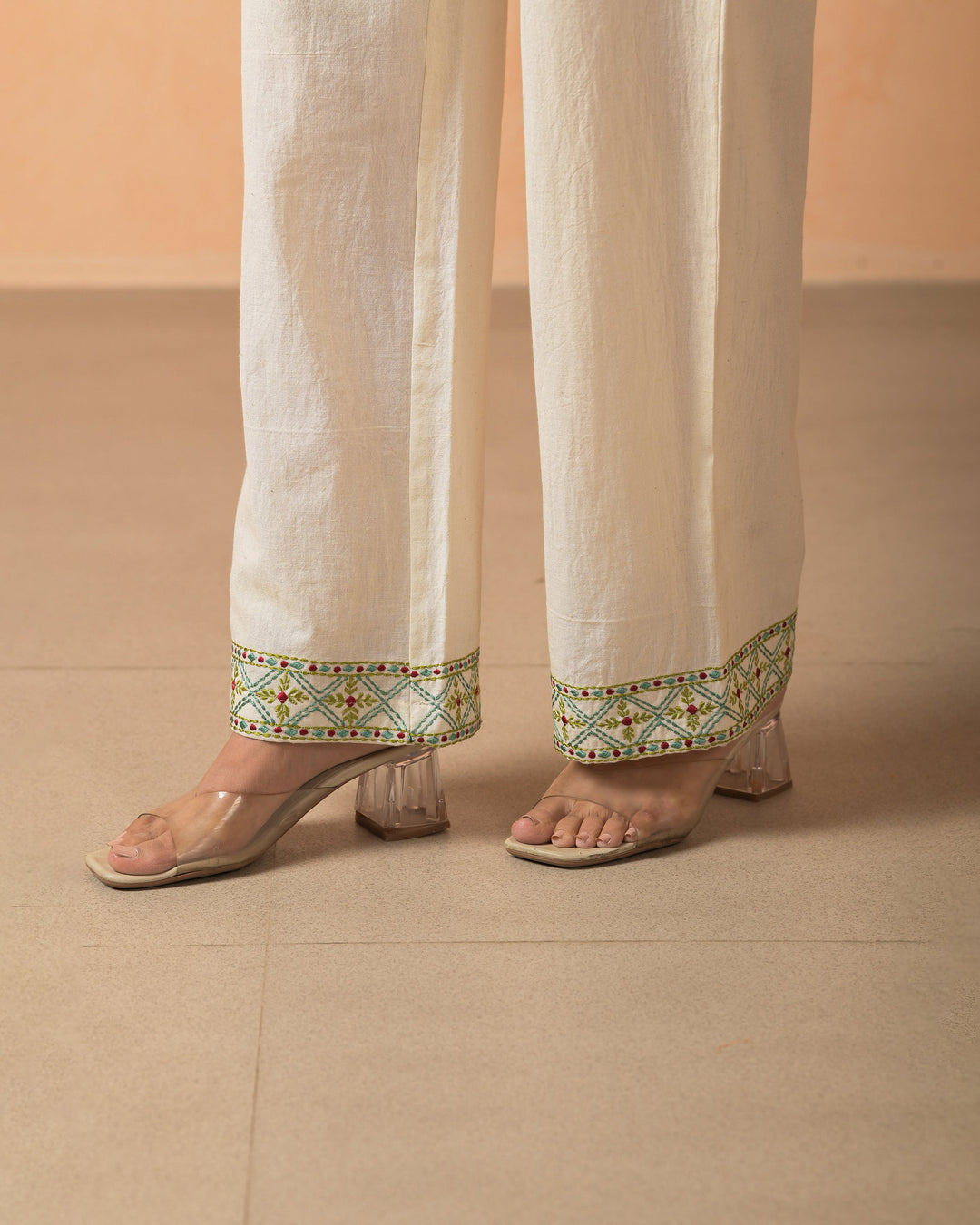 Riyana Cream Cotton Flex Embroidered Straight Pants