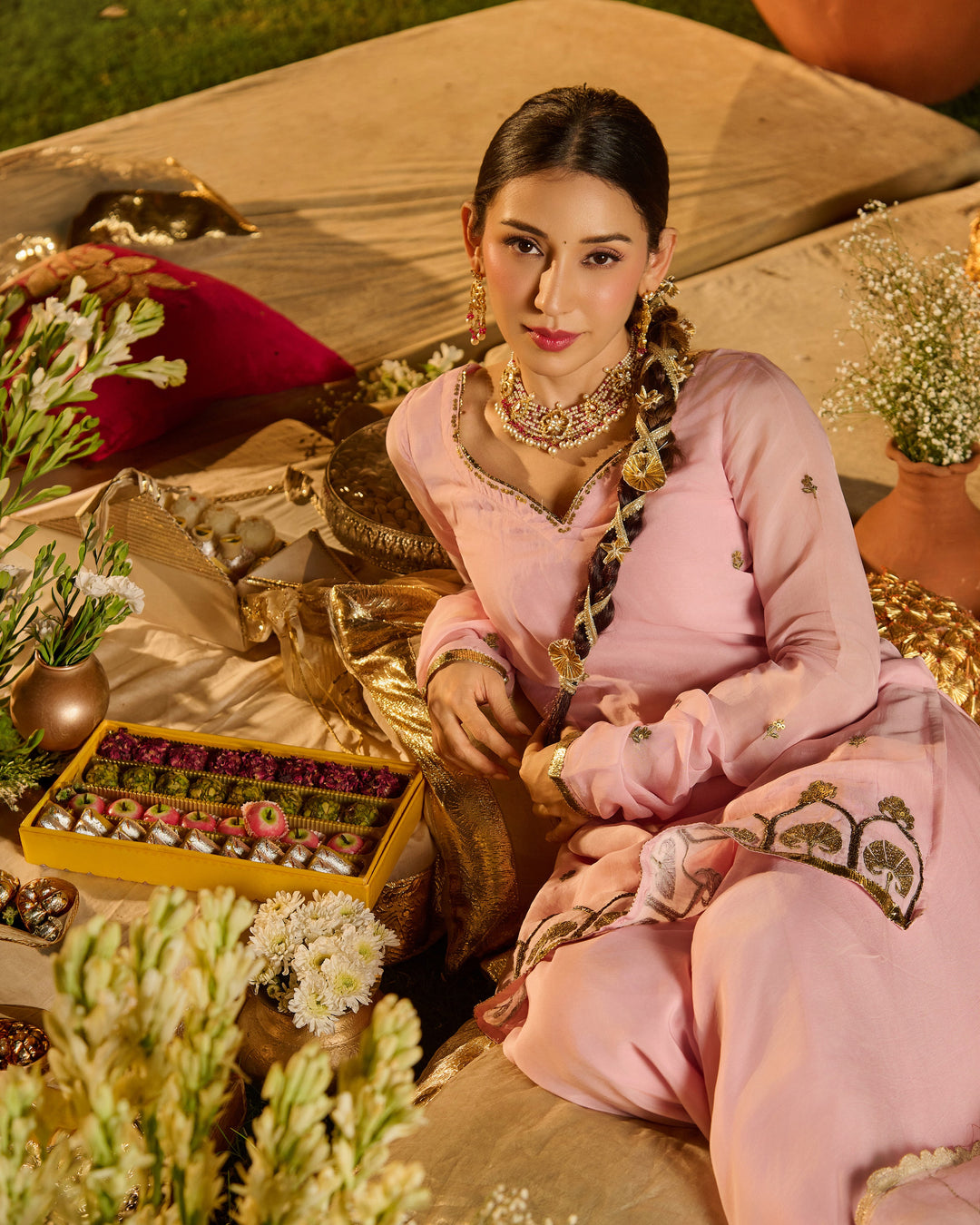Deepra Baby Pink Embroidered Viscose Organza Suit Set