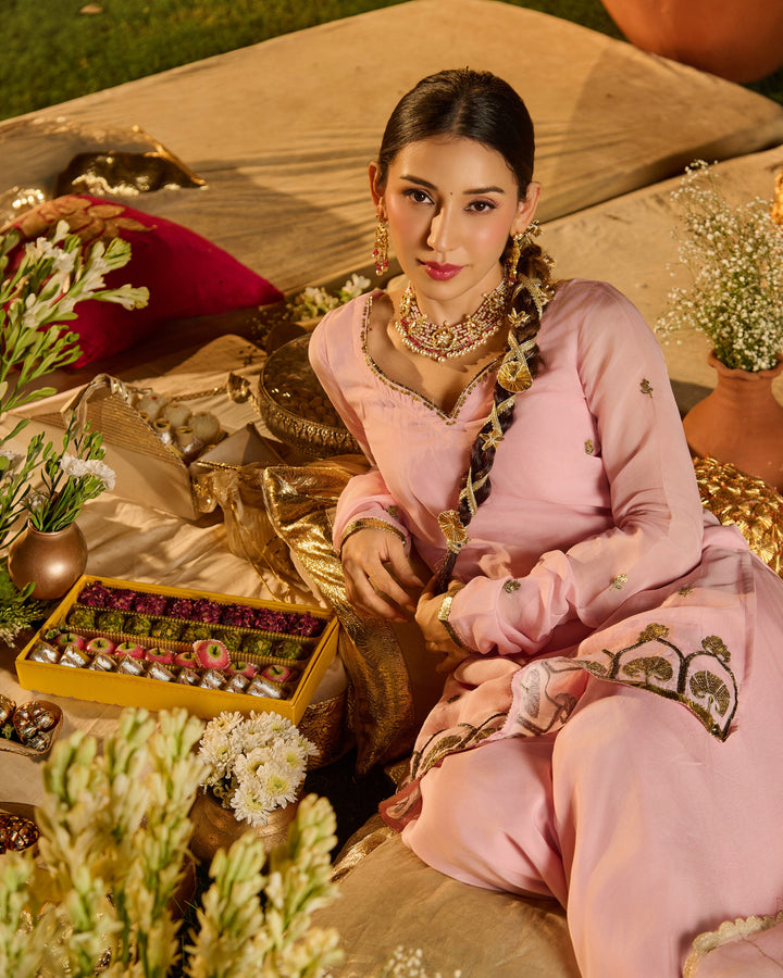 Deepra Baby Pink Embroidered Viscose Organza Suit Set