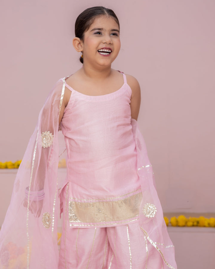 Mini Pink Solid Chanderi Suit Set