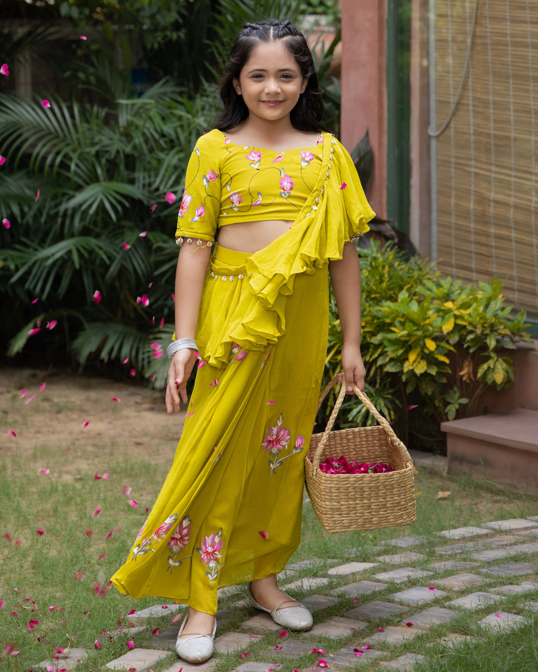 Petunia Lime Handpainted Georgette Pre Draped Saree