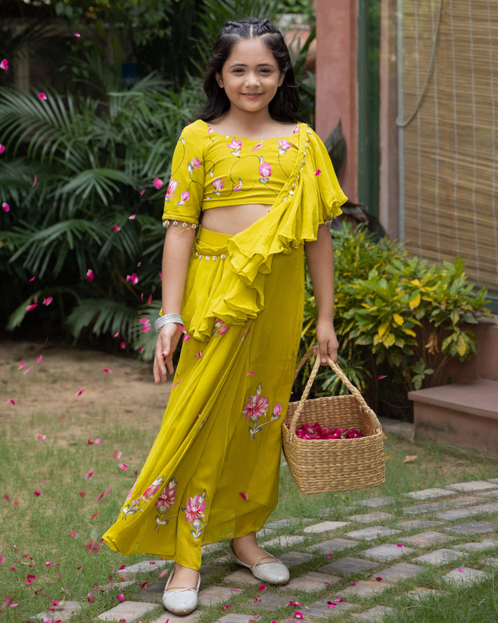 Petunia Lime Handpainted Georgette Pre Draped Saree