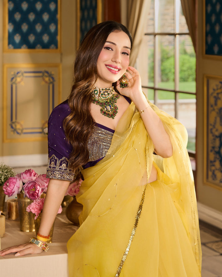 Meher Purple Embroidered Satin Aangi Blouse And Saree