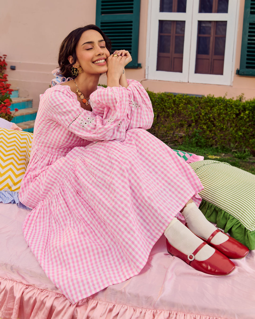 Nusrat Light Pink Embroidered Cotton Checks Dress