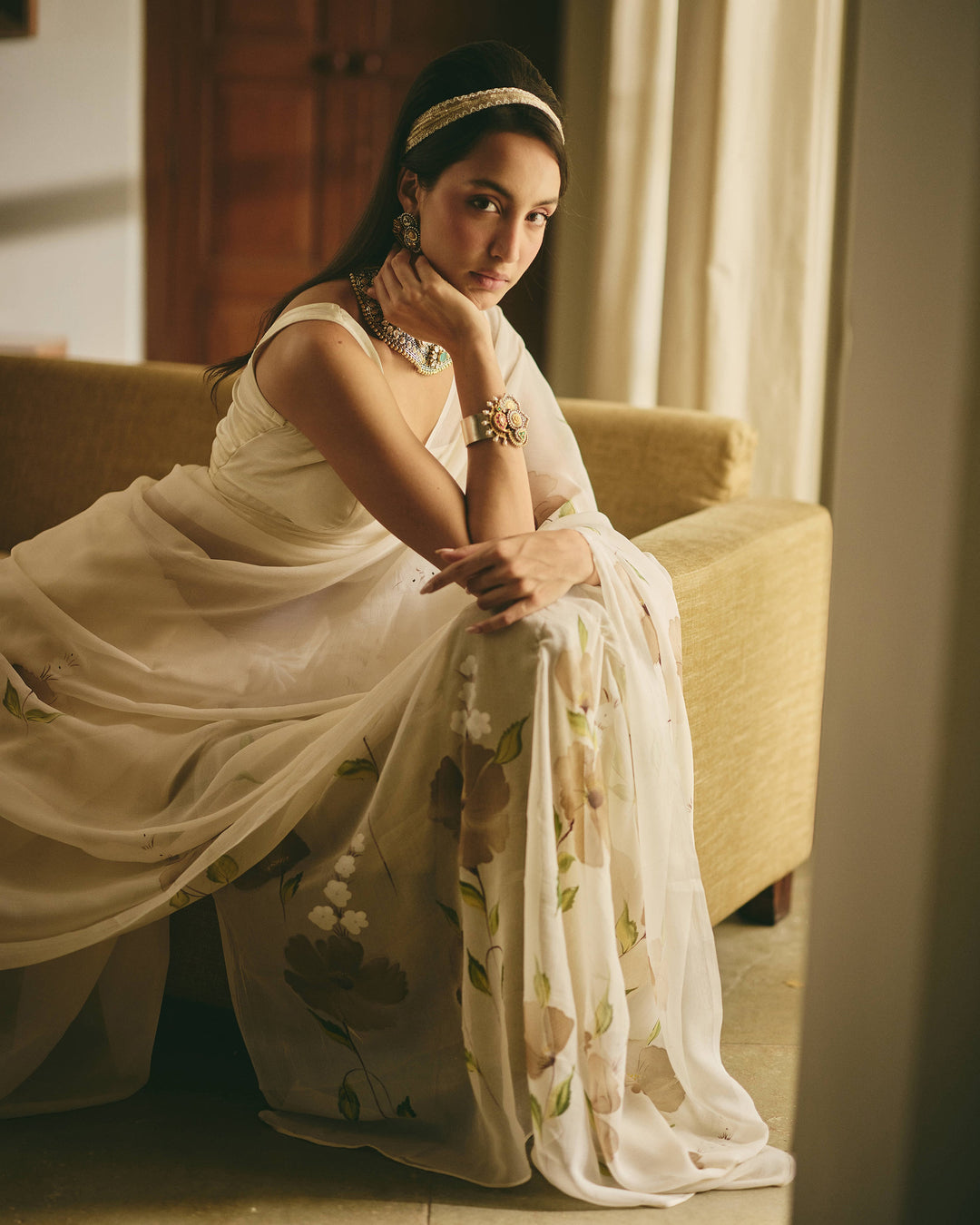 Trail Off White Handpainted Chiffon Saree
