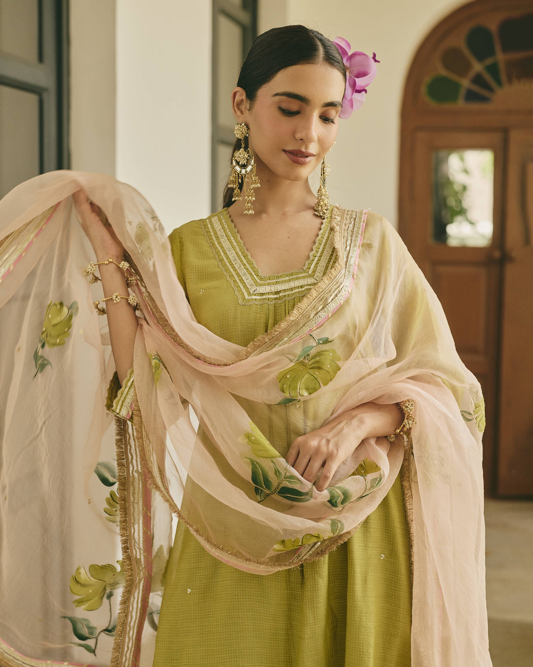 Kalvya Lime Green Handpainted Cotton Checks Suit Set