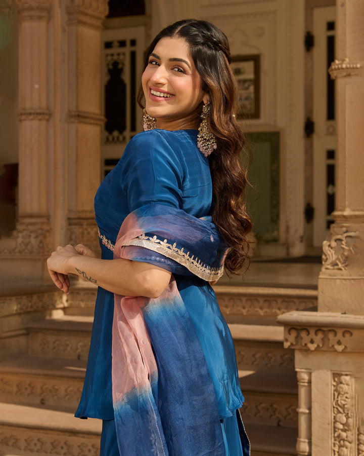 Maison Blue Solid Crepe Suit Set