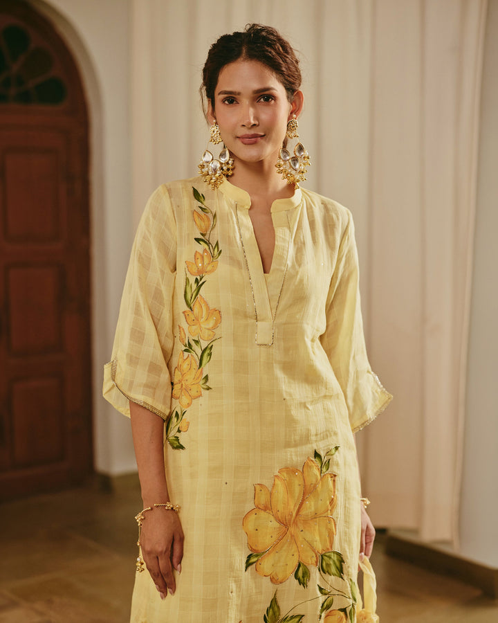 Zivya Yellow Handpainted Cotton Checks Coord Set