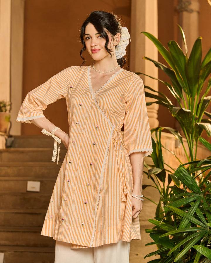 Manon Orange Printed Cotton Stripes Kurta Set
