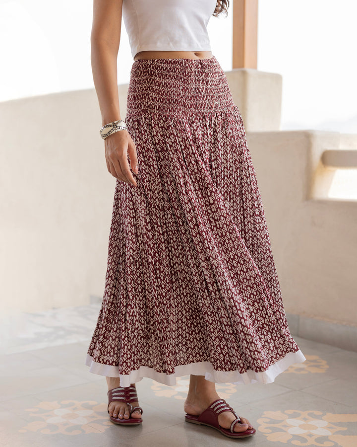 Elanvi Maroon Printed Cotton Skirt