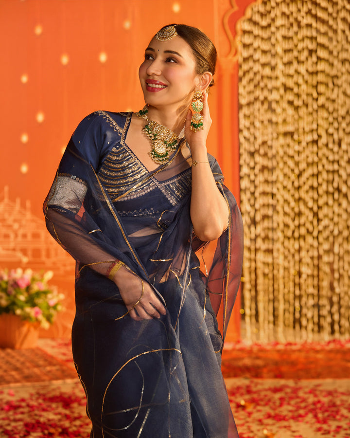 Noorika Blue Embroidered Satin Aangi Blouse And Saree