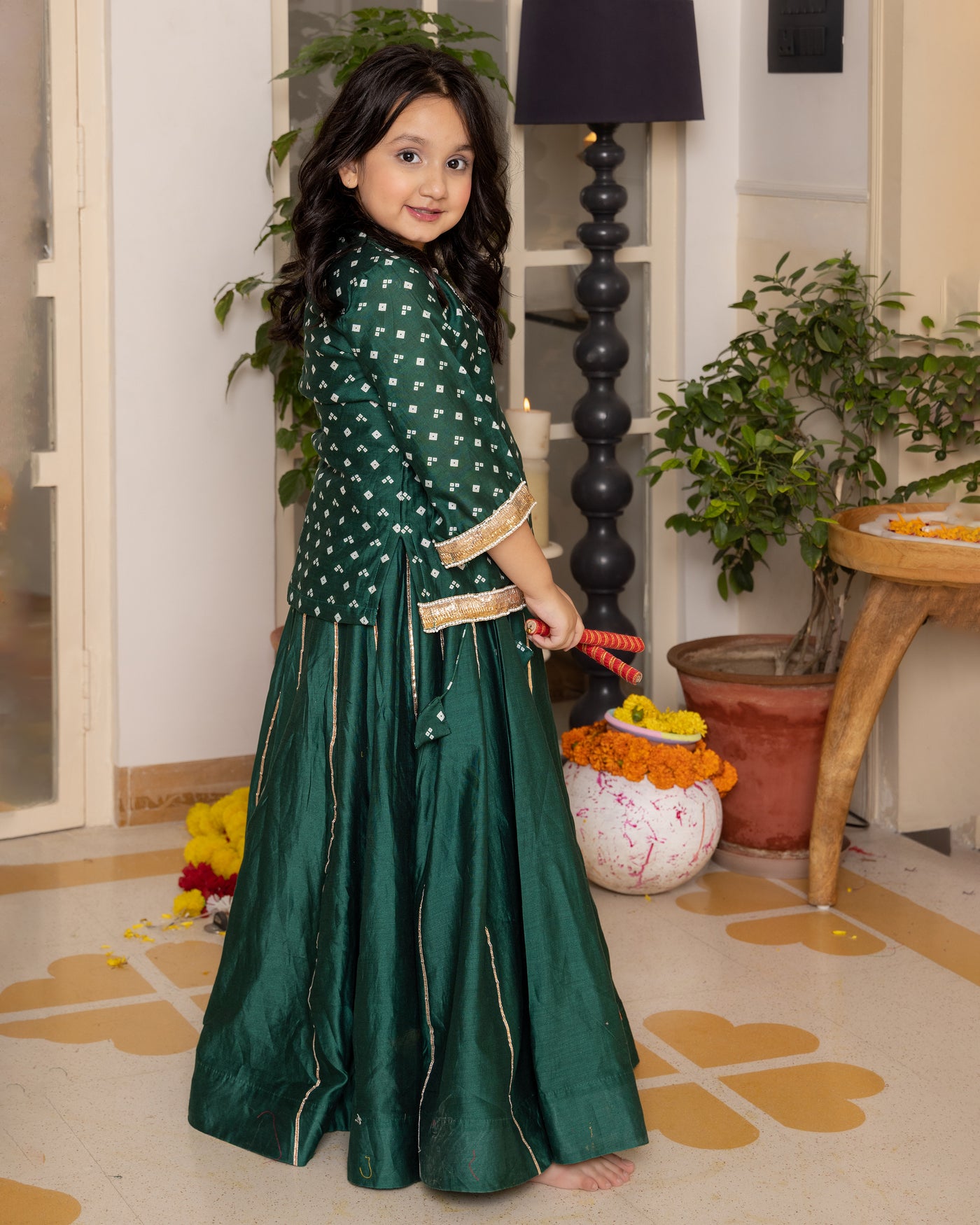 Anika Green Bandhani Chanderi Lehenga Set