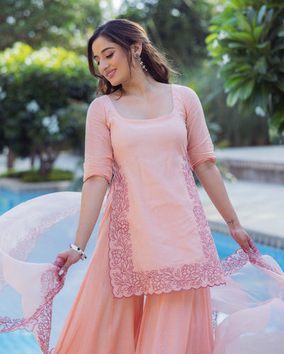 Lotus Charm Peach Embroidered Cotton Sharara Set