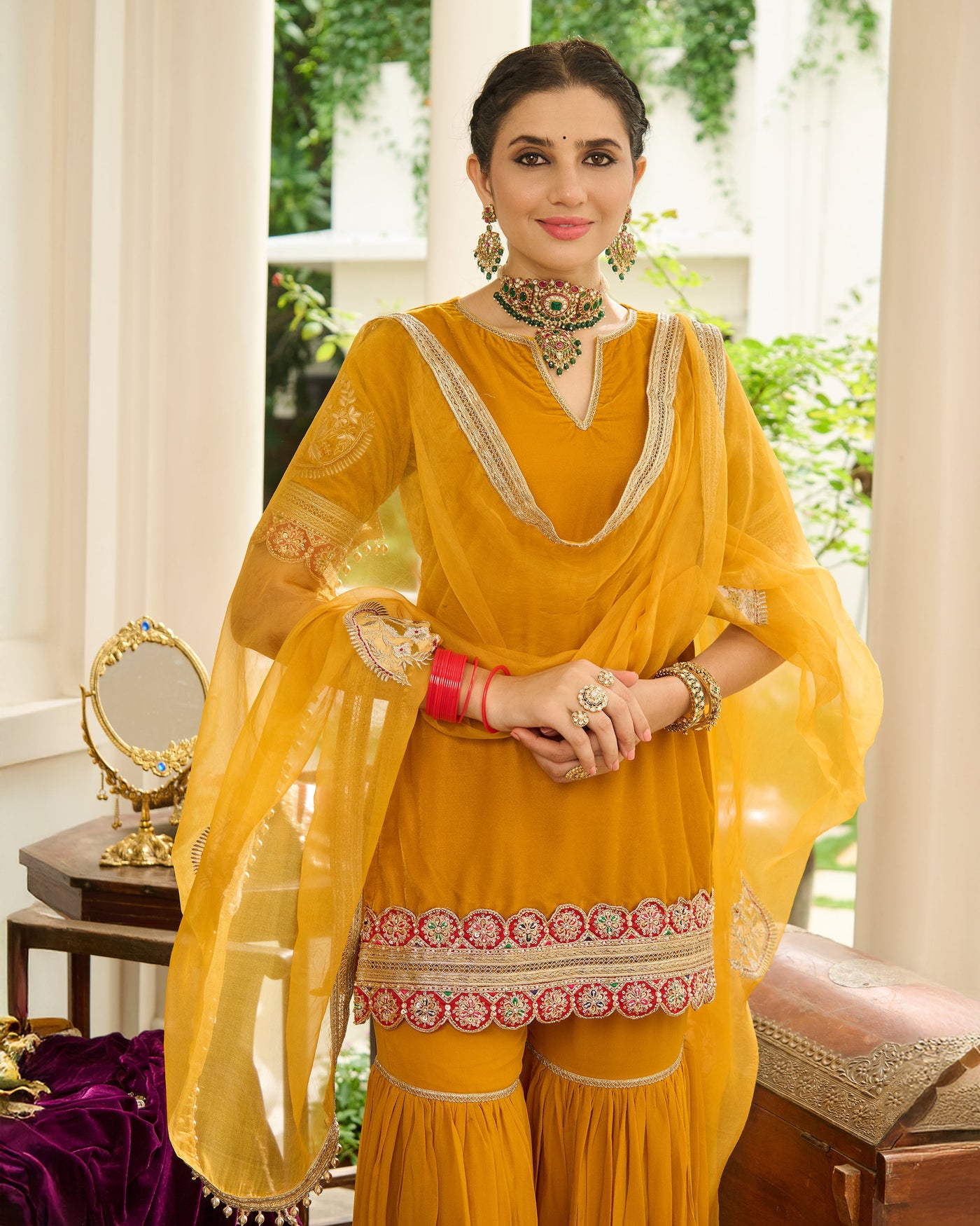 Kavi Yellow Embroidered Velvet Sharara Set
