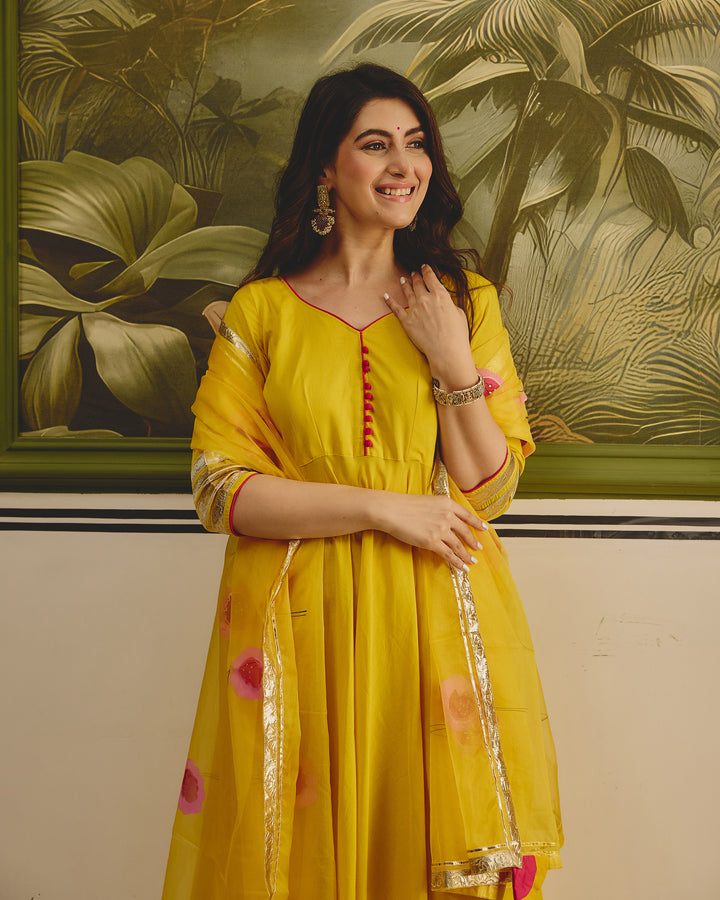 Yellow Organza Handpainted Suit Set
