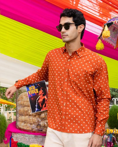 Sharvik Orange Bandhani Cotton Shirt