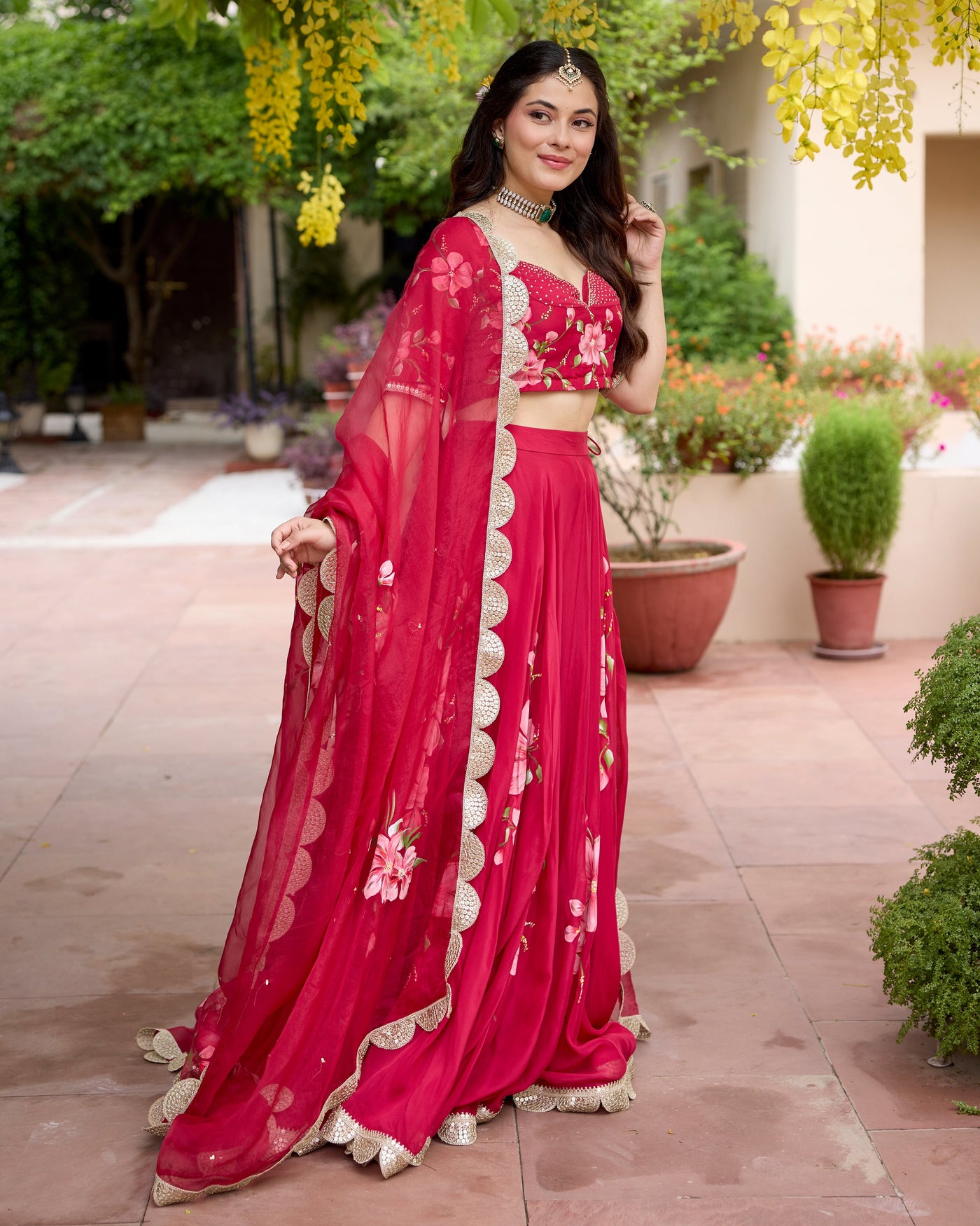 Gudhal Red Handpainted Crepe Lehenga Set