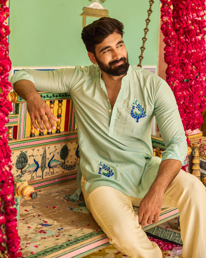 Himant Turquoise Blue Embroidered Chanderi Kurta