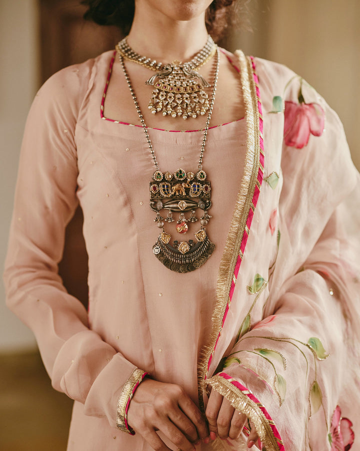 Sarthak Beige Handpainted Viscose Organza Suit Set