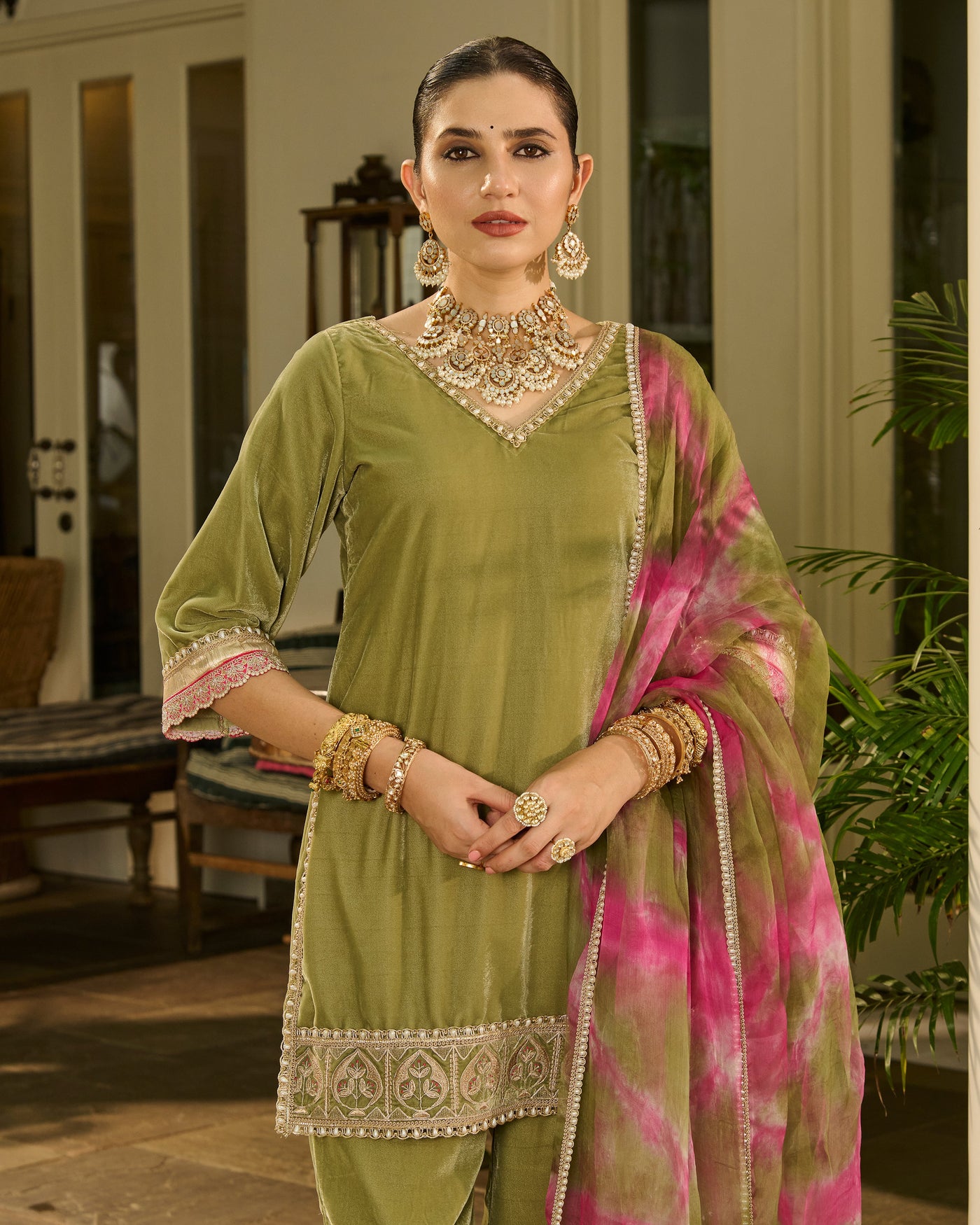 Aja Sage Green Embroidered Velvet Suit Set