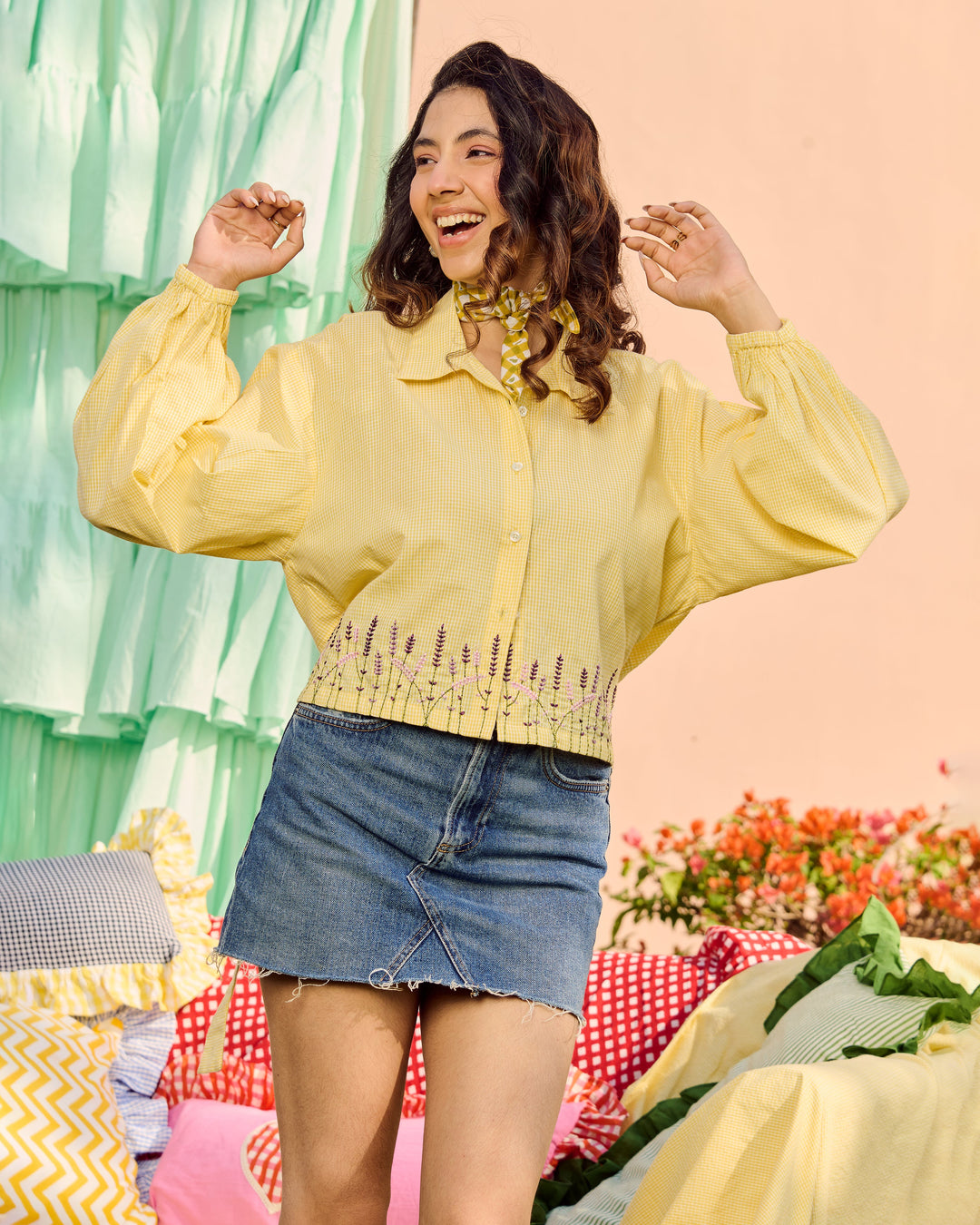 Ava Yellow Embroidered Cotton Checks Shirt