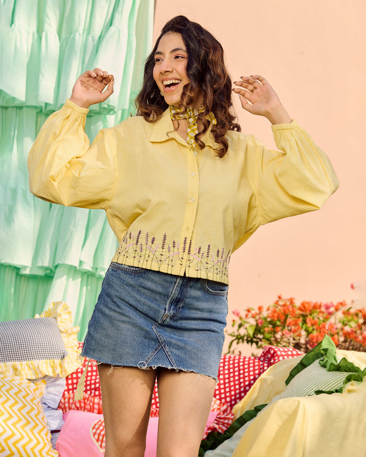 Ava Yellow Embroidered Cotton Checks Shirt
