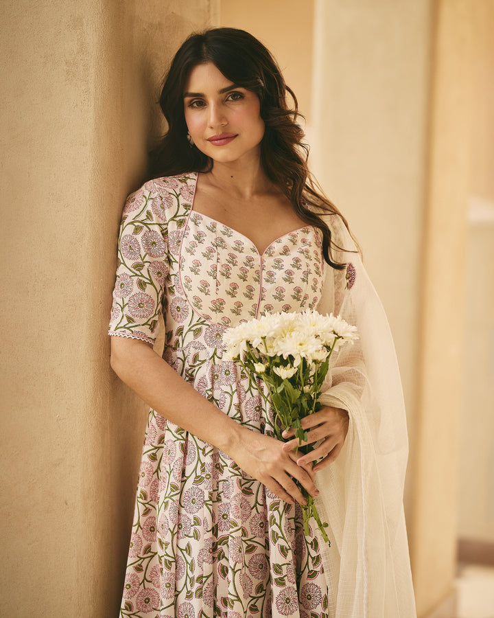 Dasha White Cotton Printed Suit Set