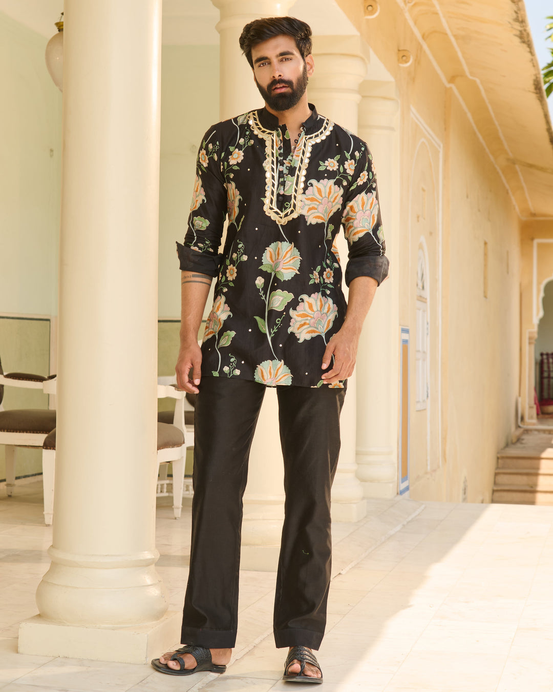Rudra Black Printed Chanderi Kurta