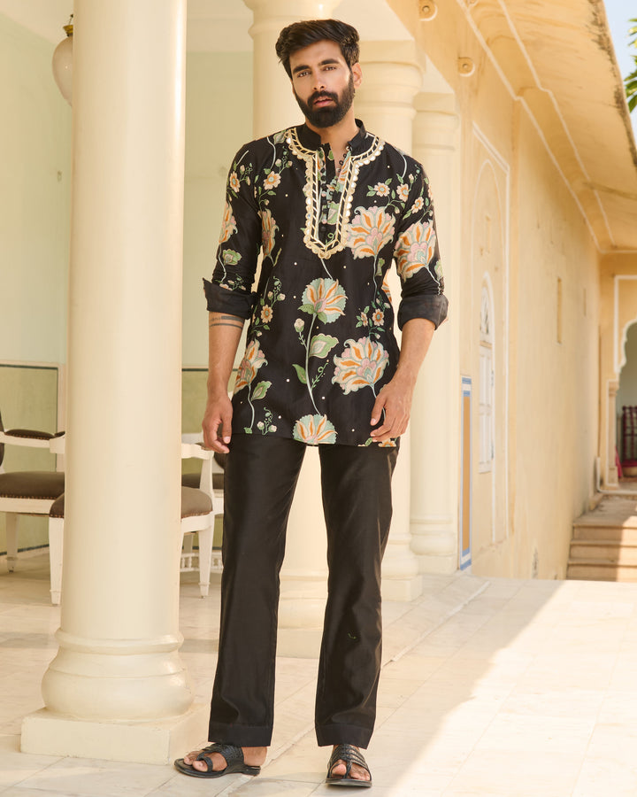 Rudra Black Printed Chanderi Kurta