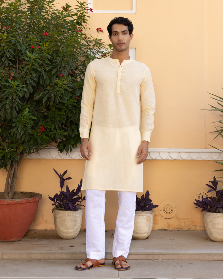 Abhi Cream Solid Cotton Flex Kurta