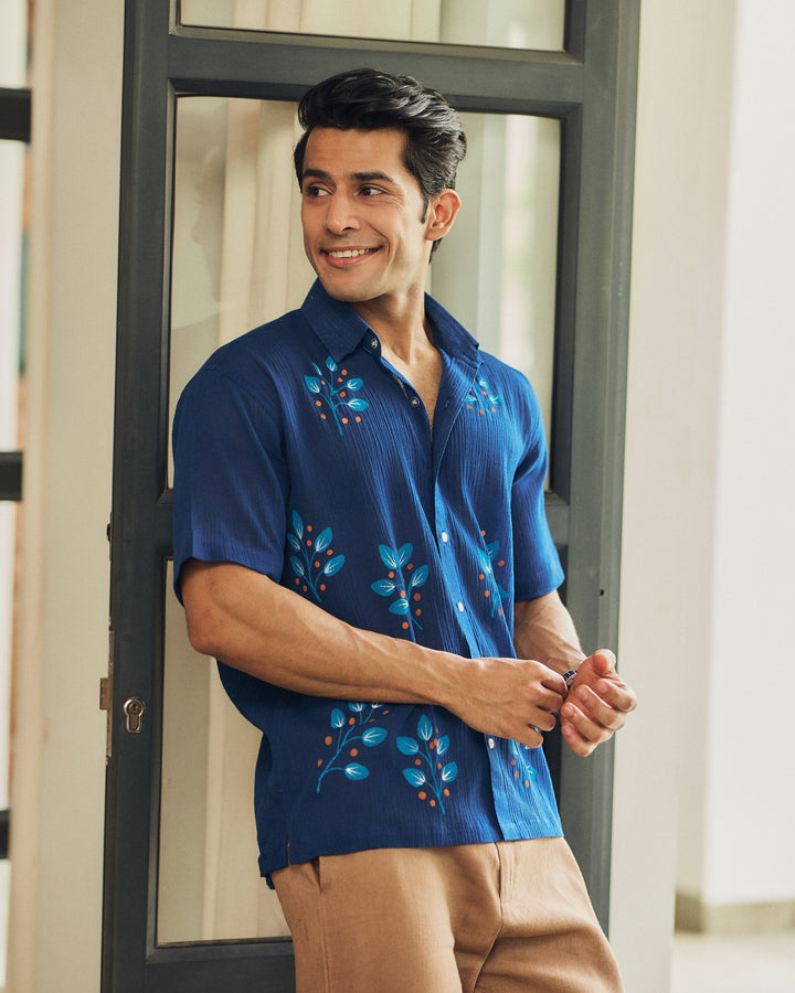 Ivaan Blue Cotton Crush Handpainted Shirt